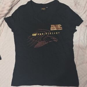 Harley-Davidson Black V-Neck Tee with Gold and Rust Eagle Graphic